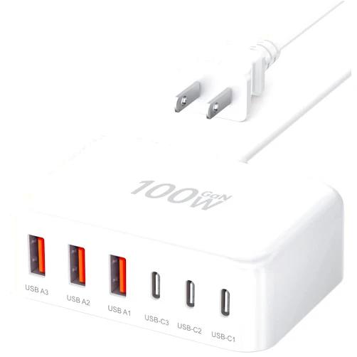 BREEKET USB C Fast Charger, 100W GaN 6 Port Type USB C Charging Station Hub Block Cube, USB C Wall Charger Power Strip Adapter Plug for iPad iPhone 16 15 14 13 12 Pro Max Pixel Note Galaxy, 5ft Cord