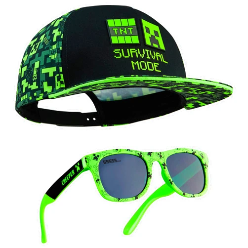 Minecraft Baseball Cap and Kids Sunglasses Set, Creeper Adjustable Boys Hat 100% UV Protection Kids Sunglasses