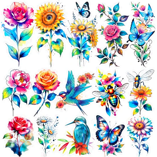 Tazimi 3D Large Watercolor Flower Temporary Tattoos For Women Watercolor Roses Flower Butterfly Sunflower Daisy Tattoos Sticker Girls Adults Waterproof Realistic Arm Body Colourful Tattoos