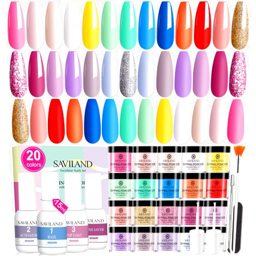 Saviland Dip Powder Nail Kit Starter: 20 Colors Pink Clear Glitter Dipping Powder and Dip Powder Liquid Set with Base Top Coat Activator Brush Saver for DIY at Home French Nail Gift for Women Salon