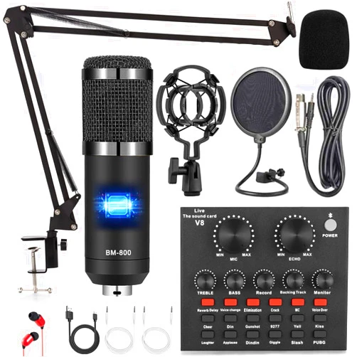 ALPOWL Podcast Equipment Bundle, Audio Interface with Voice Changer and BM800 Condenser Microphone, Audio Mixer Perfect for Recording, Broadcasting, Live Streaming, YouTube, TikTok (BM800-V8B)