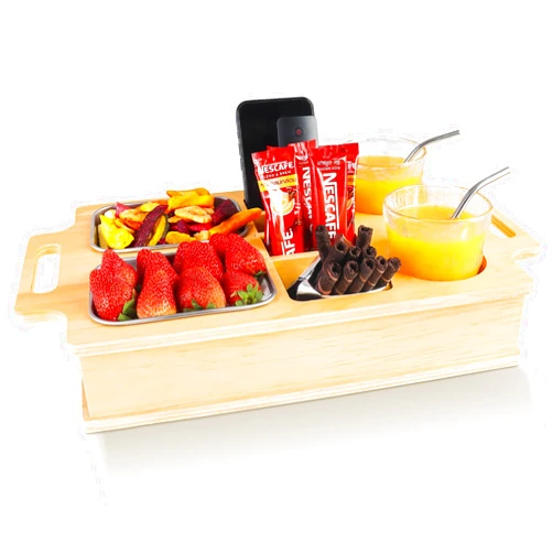 Primo Lines Couch Cup Holder, Wooden Couch Caddy with Stainless Steel Snack Fruit Storage Tray for Bed Car Seat Organizer, Cup Drink Storage Anti-Spill Sofa Cup Holder for Phone Snacks Beverage Remote