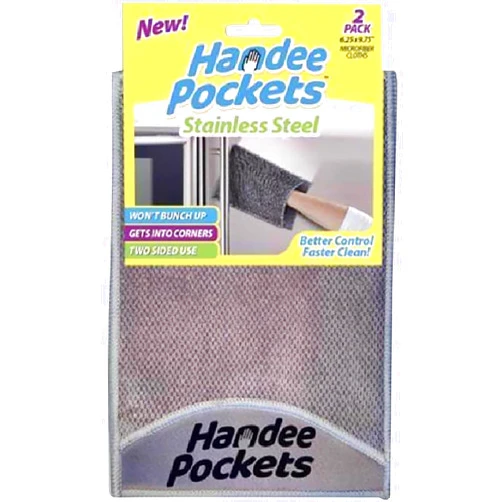 HANDEE POCKETS Stainless Steel Microfiber Cleaning Cloths with Built-in Pockets, 6.25 in. W x 9.75 in. L, 2 Pack - Ultra Absorbent, Reusable, Streak-Free for Stainless Steel