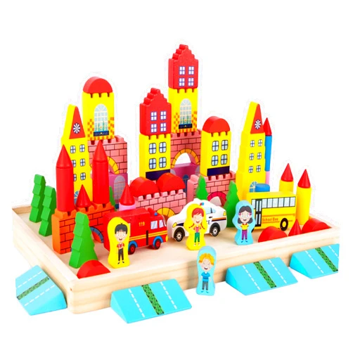 ArtCreativity Wooden Town Playset for Kids - 55 Piece Block City Set - Wooden City Building Blocks Play Set with Buildings, Trees, Vehicles, and People - Wooden Tray for Storage and Display