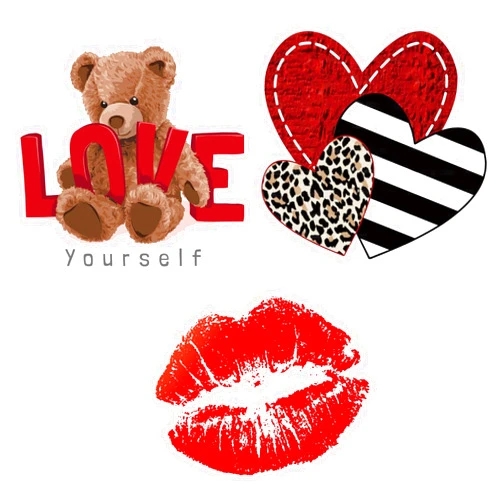 HAIMITI Valentines Day Iron on Transfer Stickers, 3 Sheets Heart Love Bear Lips Pattern Iron on Decals HTV Vinyl Heat Transfer Patches for Clothing Backpack Hat Decoration