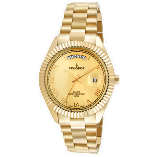 Peugeot 14K All Gold Plated Big Face Luxury Watch with Day Date Windows, Roman Numerals & Coin Edge Fluted Bezel Watch