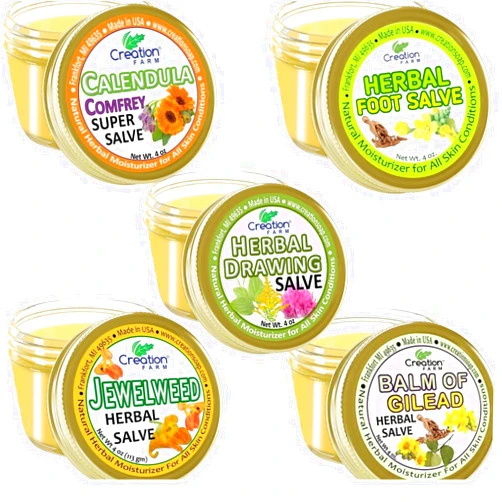 Creation Farm Herbal Salve Flight-Premium Salves a Selection of Five Calendula Jewelweed Gilead Foot and Drawing Salves