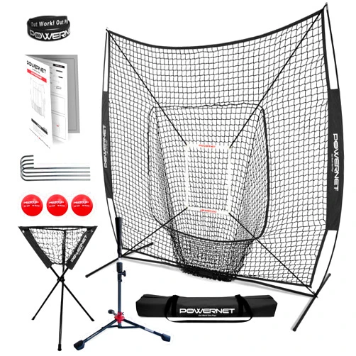 PowerNet Baseball Softball Practice Net 7x7 with Baseball Accessories for Practice Pitching, Batting & Fielding, Ball Caddy, Weighted Baseballs, Tee