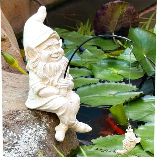 GARDEN WHISPER Garden Gnome Pond Statue Decoration, Fishing Gnome Garden Statue Outdoor Koi Pond or Waterfall Decor, 9.7