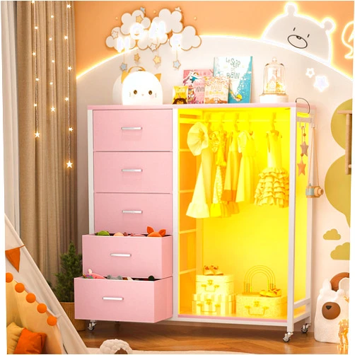 Girapow Dresser for Bedroom with Hanging Rack, Pink 5 Drawers Dresser with Power Outlets & LED Lights, 2-1 Storage Unit Dressers with Lockable Wheels, Wooden Top, Bedroom, Closet, Entryway, Pink