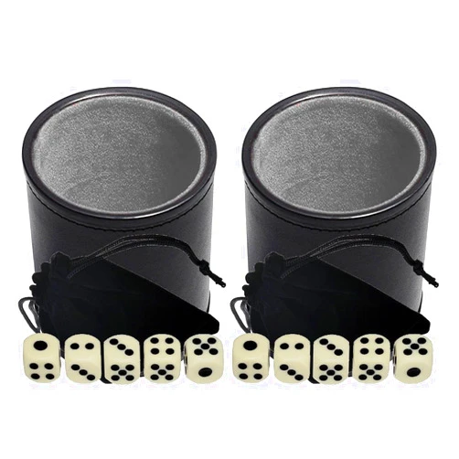 Cyber-Deals Black PU Leather Dice Cup Grey Felt Lined with 15mm Ivory Tone Pip Dice Plus Storage Pouch Set (2 Sets)