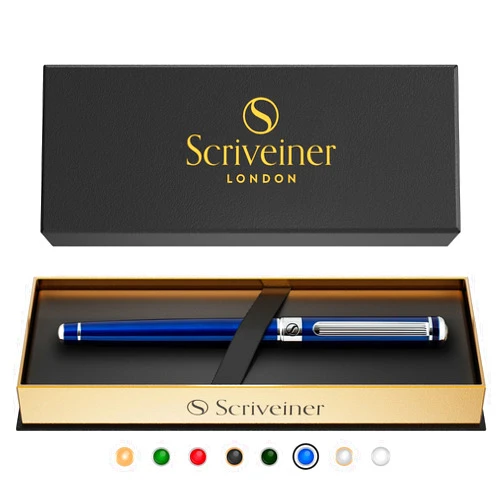Scriveiner Midnight Blue Rollerball Pen - Stunning Blue Lacquer Luxury Pen, Chrome Finish, Schmidt Ink Refills, Men & Women, Professional, Executive Office, Nice Pen