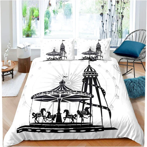 Erosebridal Kid Carousel Bedding Set Ferris Wheel Comforter Cover Amusement Park Circus Duvet Cover Set for Boy Men Women,Decor Black Grey 3 Pieces Bedding Set with 2 Pillow Shams, Queen Size