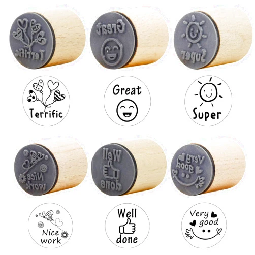 happylain 6 PCS Round Wood Rubber Stamp for School Teachers English Toy Stamp