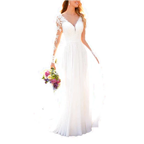 Findlovewedding Wedding Dresses for Bride 2024 with Lace Appliques Chiffon A Line Women Dress Long Sleeves Beach Bride Dress
