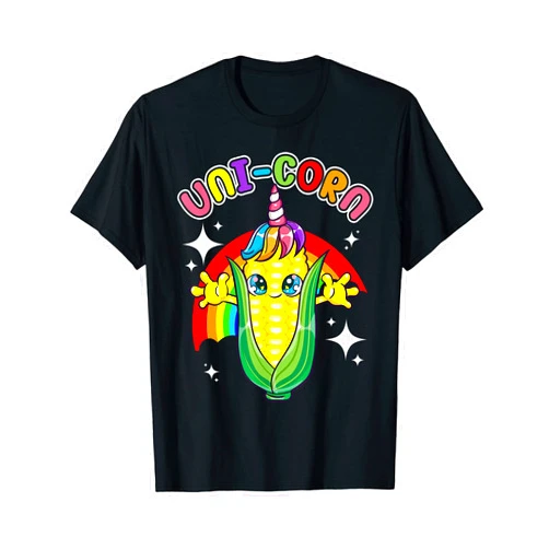 Magical Happy Farmer Kids Buttered Corn Lover Corncob BBQ Party Funny Kawaii Unicorn Rainbow Corn Food T-Shirt