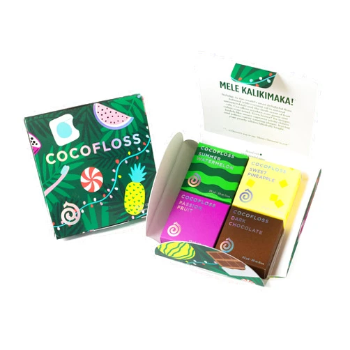 COCOFLOSS Coconut Oil–Infused Woven Dental Floss | Limited-Edition Holiday Set: Pineapple, Watermelon, Passion Fruit, and Chocolate Floss | Dentist-Designed | 8-Month Supply (33 Yds x 4 Spools)