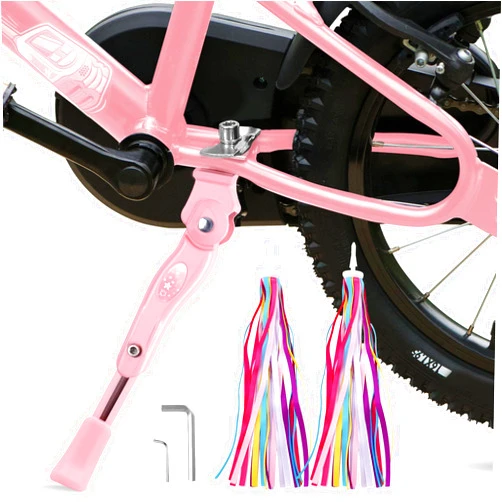 LEICHTEN Bike Kickstand for 16 18 20 Inch Wheel,Adjustable Aluminum Alloy Bicycle Kickstand for Kids Bike Center Mount for Sports Bike/Road Bicycle with Streamers for Girls,Pink