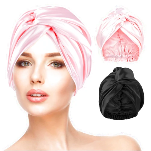Yolev 2 Pcs Satin Silk Bonnet for Sleeping Women Adjustable Hair Bonnet With Tie Band Double Layer Hair Head Wrap for Sleep Silk Sleep Cap Turban for Women Men Braid Straight Curly Hair (Black Pink)