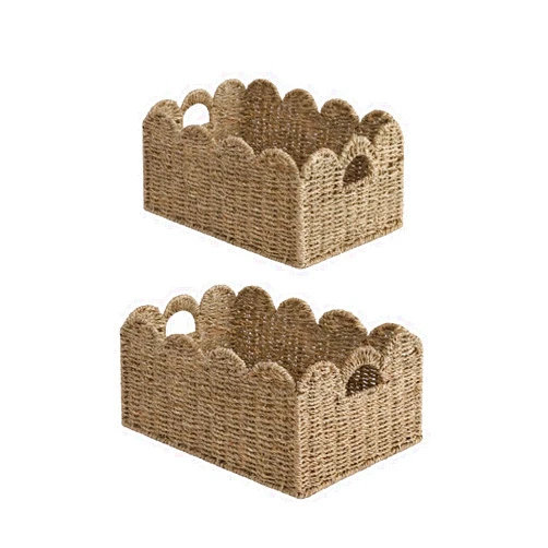 StorageWorks Scalloped Edge Wicker Basket, Scalloped Woven Basket for Organizing, Nursery Basket with Built-in Handles, Storage Basket for Décor, Seagrass Wicker Basket for Shelves, Set of 2