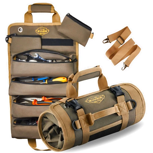 The Ryker Bag The Ryker Roll Up Tool Bag Organizer Gifts for Dad. Heavy Duty Motorcycle Tool Roll Bag Organizer. Portable Rollup Toolbag w/Detachable Pouches - Tools Bags Mens gifts for him - Mechanic & Electrician