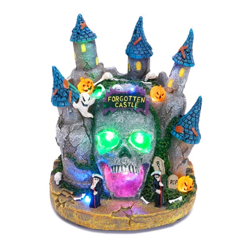 Valery Madelyn Scary Halloween Villages Decorations for Home Decor, 6.3Inch Lighted Skull Head Halloween House Resin Statue with Music and Light for Table Yard Garden Outdoor Indoor Party Decor