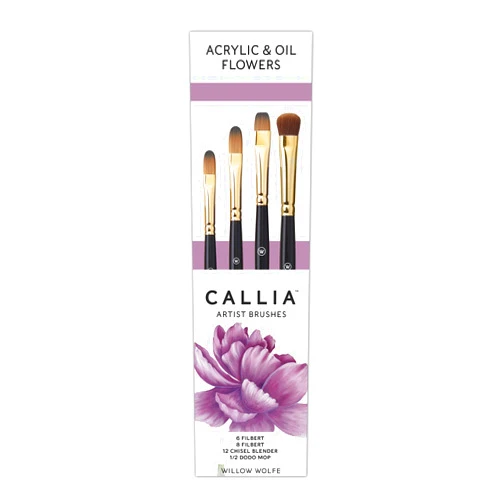 Willow Wolfe Callia Acrylic & Oil Flowers Artist Paint Brush Set, Synthetic, Series 1200, 4 Piece Professional Set #1500