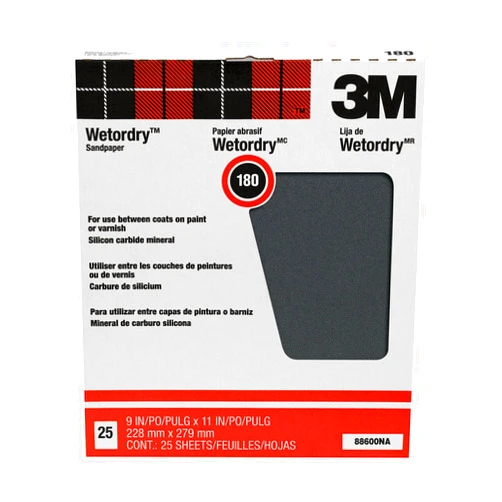 3M Wetordry Sandpaper, 25 Sheets, 9 in x 11 in, 180 Grit, Fine, For Wet and Dry Sanding, Premiere Finish on Lacquers, Primers, Sealers, Plastics & Paints, For Final or Between Coats Sanding (88620NA)
