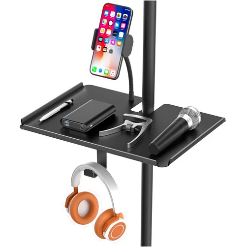 Chunxiao Multi-Functional Metal Microphone Stand Tray with Phone Holder - Universal Mic Stand Tray Shelf Clamp on Music Stand Tray for Studio Concert Karaoke Stands with 11.7