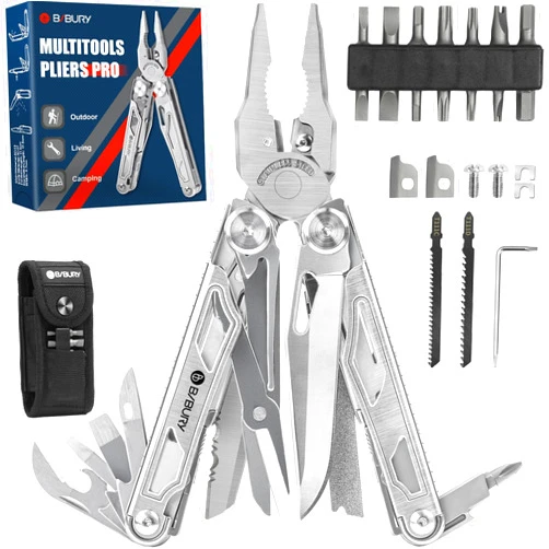 BIBURY Multitool Pliers, Stainless Steel Multi Tool Pliers with Replaceable Wire Cutters and Saw, Foldable Multitools with Scissors and Screwdriver, Ideal for Camping, Hiking, Survival, Repair