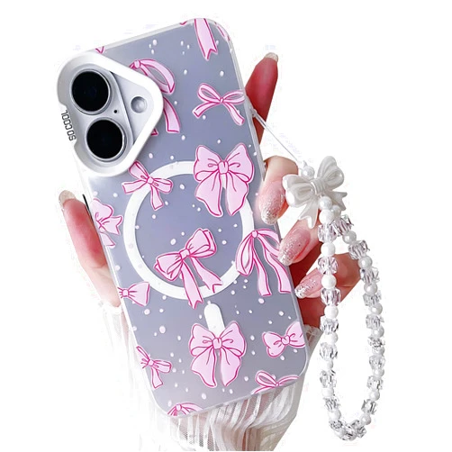 MINSCOSE for iPhone 16 Case[Compatible with Magnetic],Cute Bow Tie Ribbon Laser Design with Chain,Soft TPU Camera Lens Protection Slim Thin Phone Cover for Girls Women-Pink