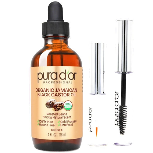PURA D'OR 4 Oz ORGANIC Jamaican Black Castor Oil - Natural Smoky Scent - 100% Pure USDA Certified Cold Pressed & Roasted, Hexane Free Eyelash & Eyebrow Growth Serum - 2 Empty Bonus Applicators