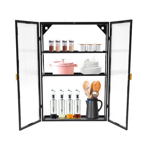 LUGBING 3-Tier Double Door Wall Cabinet, Adjustable Partition, Modern Style Wall Storage Cabinet for Living Room, Kitchen, Dining Room, Study and Office, Black