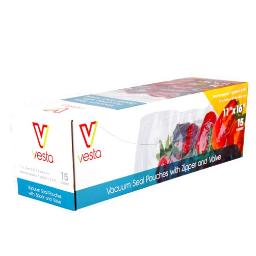 V Vesta Precision Vesta Precision Vacuum Seal Pouches - Clear and Embossed Vacuum Sealer Bags with Zipper and Valve - Great for Food Storage and Sous Vide - 11 x 16 inches - 15 Vacuum Seal Bags Per Box