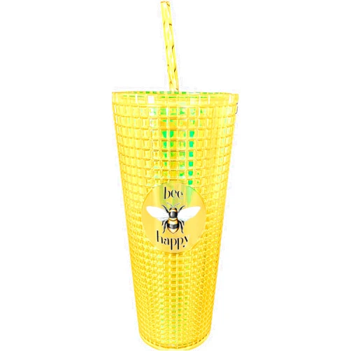 Spoontiques - Diamond Tumbler - Textured Cup with Straw - Double Wall Insulated and BPA Free - 20 oz - Bee Diamond Cup