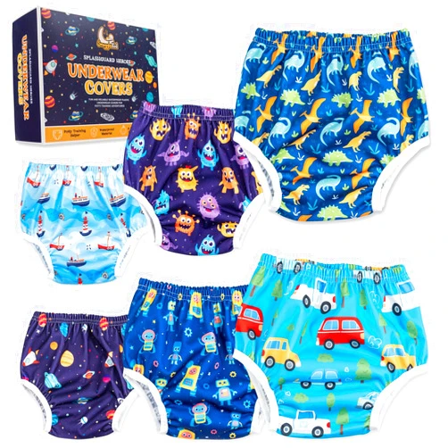 Snugglekid Waterproof Plastic Underwear for Potty Training, 6-Pack - Super-Soft Cloth Diaper Covers with Ultra-Thin TPU Inner Layer to Prevent Leaks - Reusable - Multicolor Prints