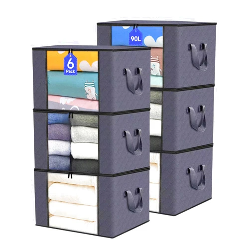 TOOCA BEAR 6 Pack Clothes Storage Bins, 90L Large Storage Bags Thicken Reinforced Clothes Storage Bags Foldable Closet Organizers and Storage for Clothing, Comforters,Blankets, Bed Sheets and Toys