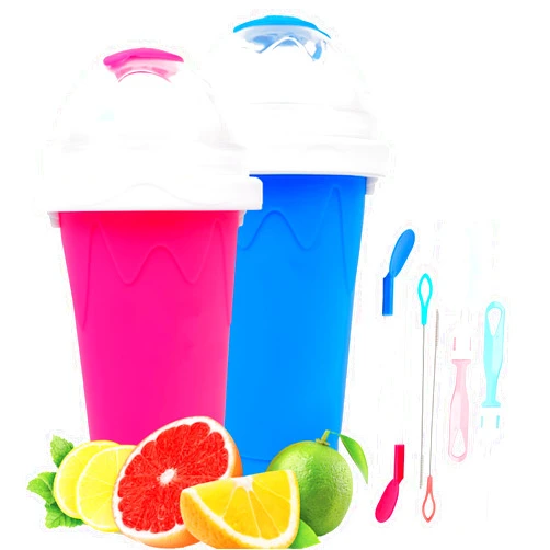 FNCOLL 2 Pack Slushie Maker Cup, DIY Homemade Double Layer Squeeze Cooling Cup Slushy Maker Cup for Kids and Family, Magic Quick Frozen Silicone Smoothies Cup with 2 Pcs cup brush & Straw brush (Blue+Red)