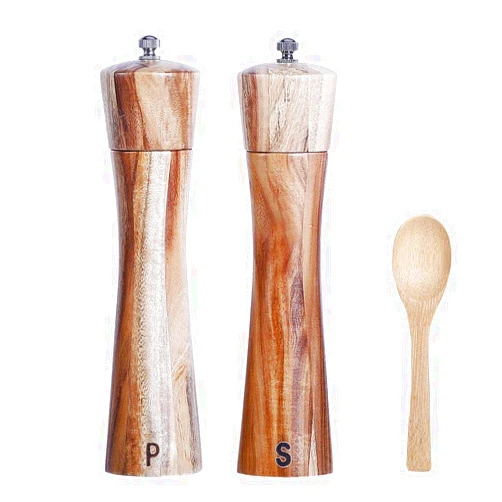 Belugahots Wooden Salt and Pepper Grinder Set, Manual Pepper Grinder with Wood Spoon, Adjustable Coarseness and 3OZ Capacity for Kitchen, Pack of 2