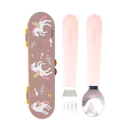 Nuby Stainless Steel Toddler Utensils with Travel Case - Self-Feeding Fork & Spoon Set for Kids - Easy-to-Hold Training Utensils - Rounded Safe Edges for Self-Feeding - Unicorns