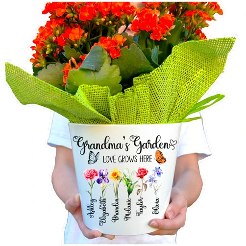 Zexpa Apparel Personalized Flower Pot for Grandma, Mom or Nana, Custom Birth Month Flower Planter with Names, Unique, Mother’s Day, Birthday or Holiday Present, Ceramic Pot