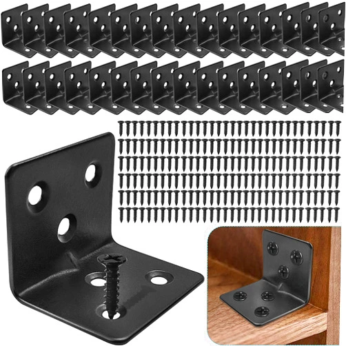 Carooyac 32PCS Black L Corner Brackets for Wood + 192PCS Screws, Stainless Steel Corner Braces Metal Small L Brackets for Shelves, Heavy Duty Angle Brackets for Raised Bed Table Leg Frame Cabinet