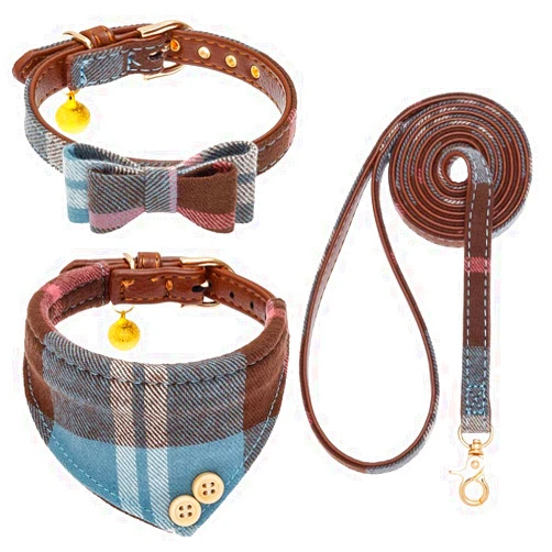 EXPAWLORER Dog Collar and Leash Set - Classic Plaid Dog Bow Tie and Dog Bandana Collar with Bell, Dog Leash Tangle Free, Adjustable Collars for Small Medium Large Dogs Cats, Holiday Ideal Gift