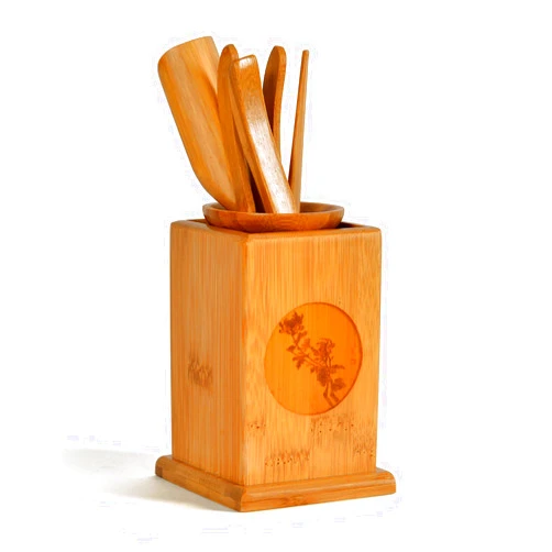 JIKUGO Bamboo Chinese Gongfu Tea Set,Tea Set Accessories,Tea Needle Tea Scoop Tea Clip Bamboo Tea Bucket Set.（Chrysanthemum）