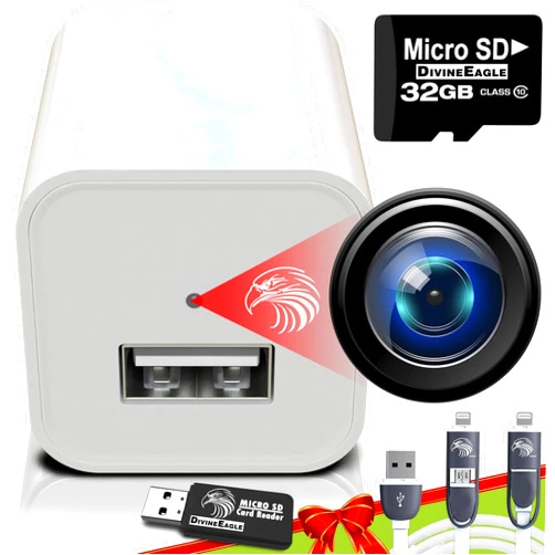 DIVINEEAGLE Mini Spy Camera Hidden Camera Charger for Spying + 32GB SD Card | Secret Camera 1080p Full HD | Small Hidden Nanny Cam | USB Charger Camera | Hidden Spy Cam | Hidden Cam