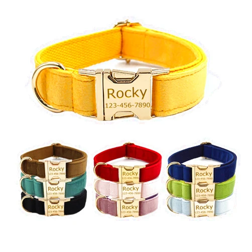 YUNMARY Personalized Velvet Dog Collars with Pet Name Phone Number Engraved, Custom Adjustable Soft Collar with Metal Buckle for Small Medium Large Dogs, Dog Leash and Bow Tie Available -Ginger