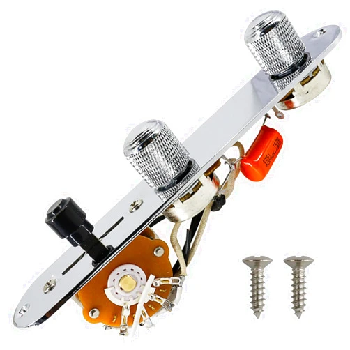 Domofa Fully Loaded Guitar Control Plate Prewired 3-Way Switch 250K Large Potentiometers Knurled Volume Tone Controls Knobs for Tele/Telecaster Electric Guitar Parts Replacement (Chrome)