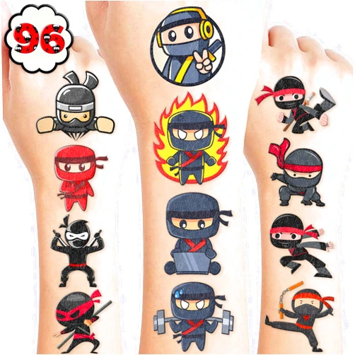 Generic 96 PCS Ninja Pre-Cut Temporary Tattoos for Kids Birthday Themed Party Supplies Decorations Favors 8 Sheets Decor Super Cute Cartoon Stickers Tattoo Gift for Boys Girls Carnival Rewards