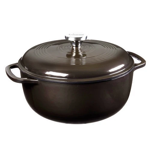 Lodge 6 Quart Enameled Cast Iron Dutch Oven with Lid – Dual Handles – Oven Safe up to 500° F or on Stovetop - Use to Marinate, Cook, Bake, Refrigerate and Serve – Midnight Chrome