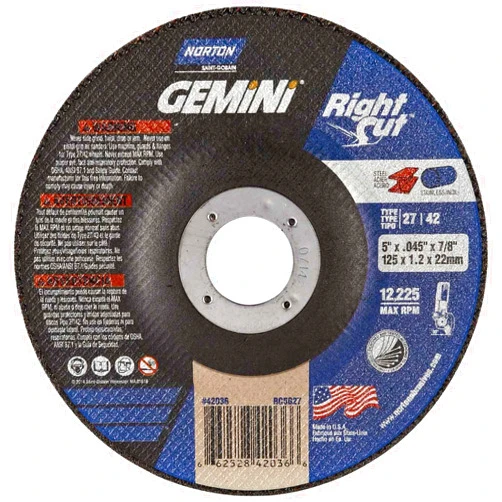 Norton Gemini Right Cut Right Angle Grinder Reinforced Abrasive Flat Cut-Off Wheel, Type 27, Aluminum Oxide, 7/8
